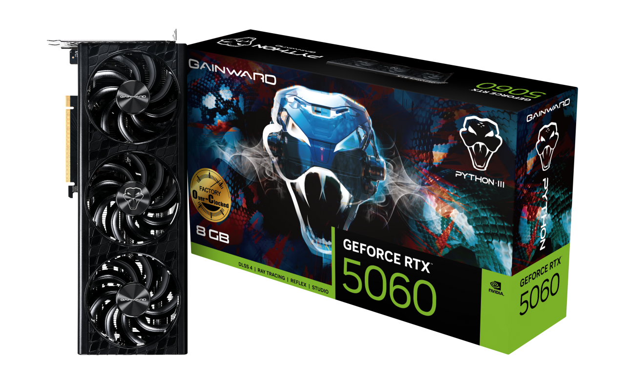 Card đồ họa Gainward GeForce RTX 5060 Python III OC 8GB GDDR7 128 bits thiết kế ba quạt SFF