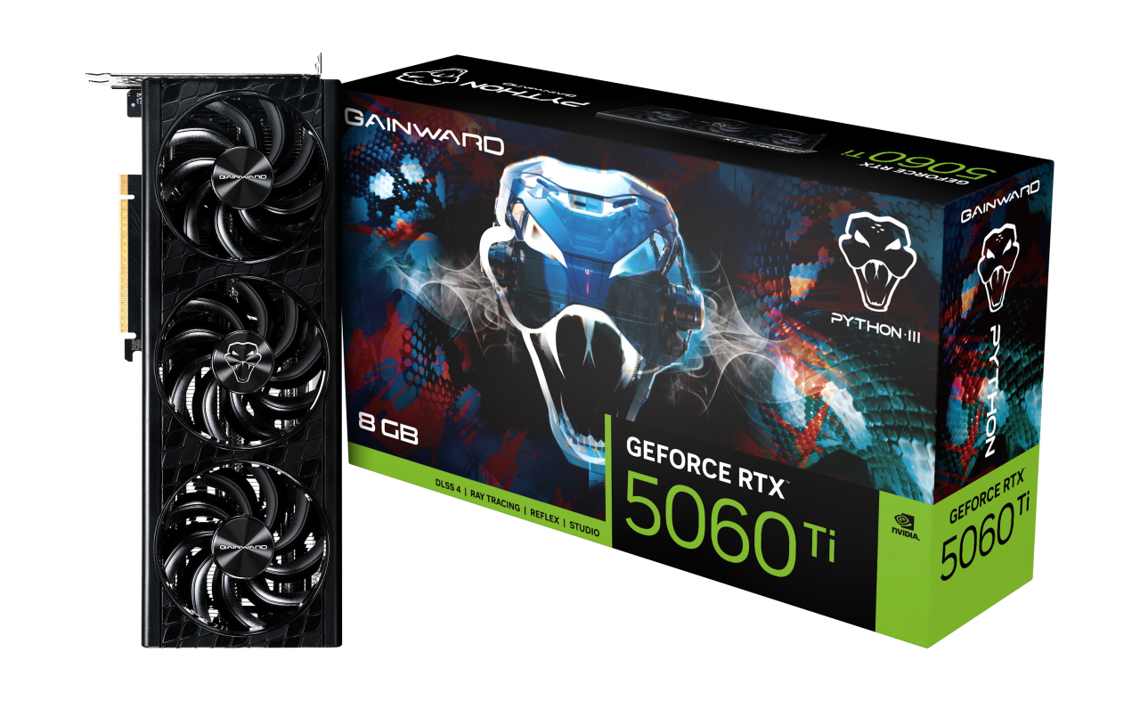 Card đồ họa Gainward GeForce RTX 5060 Ti Python III 8GB GDDR7 128 bits thiết kế ba quạt SFF